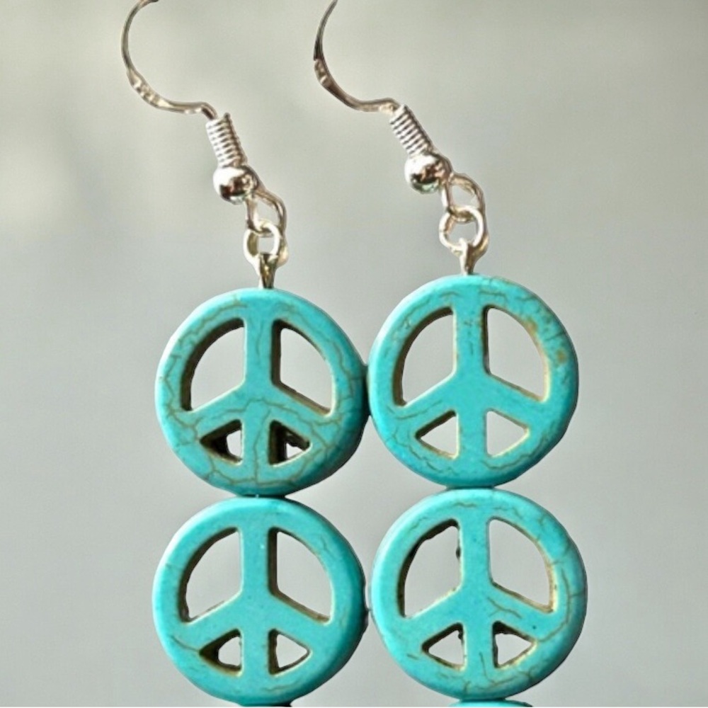 Handmade Earrings 2 Peace Signs Turquoise Hippie Boho Dangle Silver Green